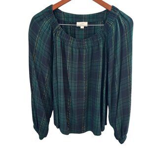 Loft Outlet Tartan Navy Green Plaid Blouse Size L w/ Metallic Gold Threads